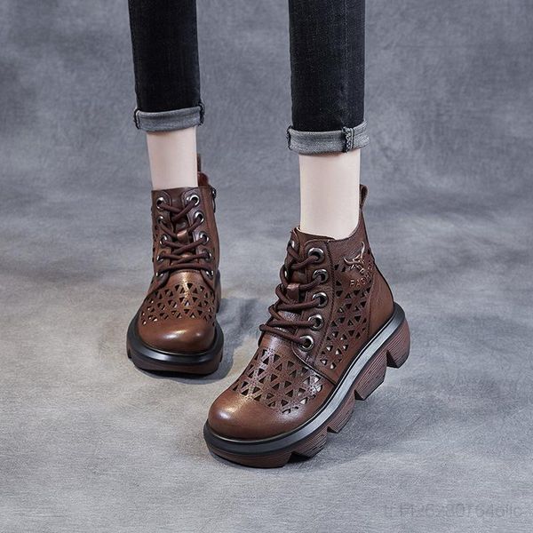

leather hollow out boots women's 2021 spring thick soled slope heel waterproof platform cool with layer of, Black