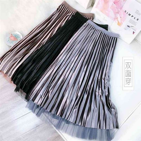 

autumn & winter high waist slimming fashion two-sided pleated skirt simple gold velvet women long 210527, Black