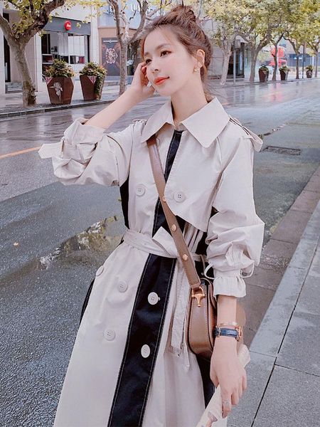 

women's trench coats elegant mid-length coat autumn fashion creamy-white windbreakers wild with belt, Tan;black