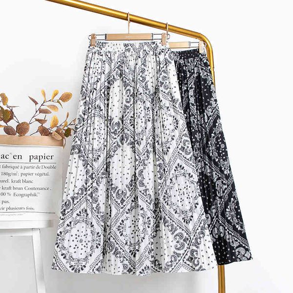 

casual dresses woman skirts elegant vintage geometric print pleated women summer elastic high waist chiffon midi femme jupes mpo6, Black;gray
