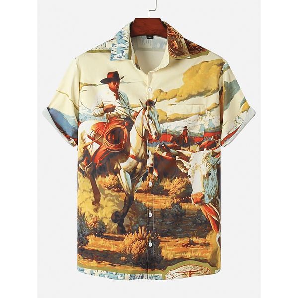 

oil painting horse print hawaiian style men's short-sleeved shirt party beach daily casual top, White;black
