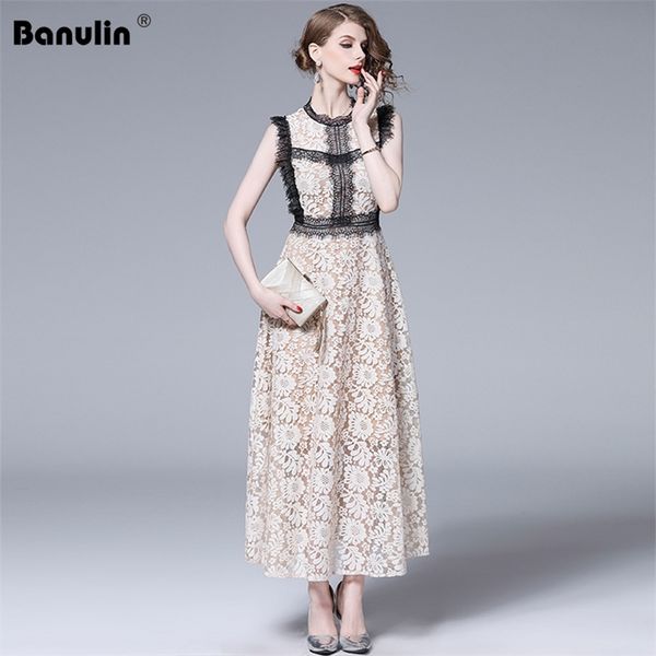 

banulin fashion runway summer dress women's celebrity hollow eyelash lace sleeveless slim ladies high waist party 210603, Black;gray