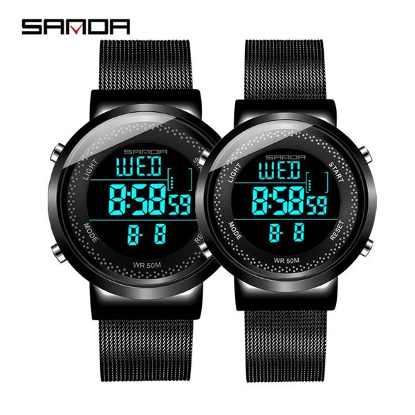

wristwatches sanda black mesh belt men's electronic watch simple trend 50m waterproof women couple watches, Slivery;brown