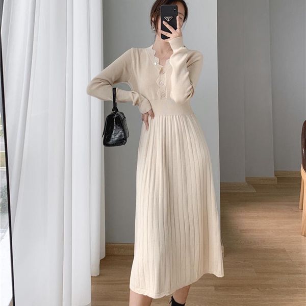 

casual dresses 2021 women solid long sleeve autumn and winter slim knitting sweater dress elegant v-neck vintage high waist vestido, Black;gray