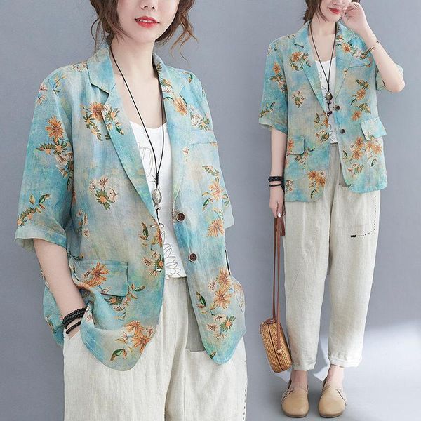 

summer cotton linen cardigan loose literary print thin small suit jacket all-match big size single-breasted blazer womens aq606 women's, White;black