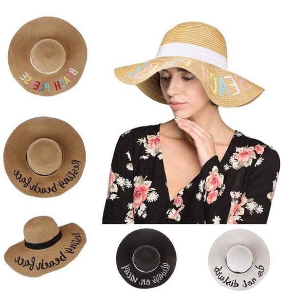 

sun hat summer sun straw women's letter embroidery wide big brim fashion outdoor travel sunscreen hat, Blue;gray