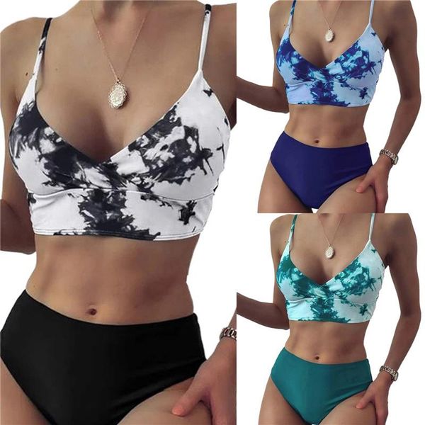 

women's swimwear women split swimsuit set tie dye backless deep v-neck bikini + solid color panties swimsuits for summer beach, White;black
