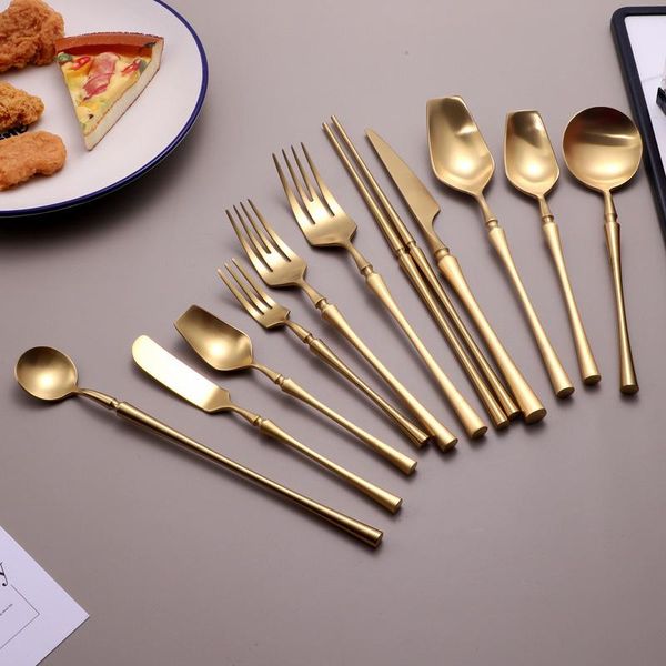 

dinnerware sets 1pc matter/mirror gold full set of tableware fork knife dessert spoon flatware restaurant service cutlery kitchenware