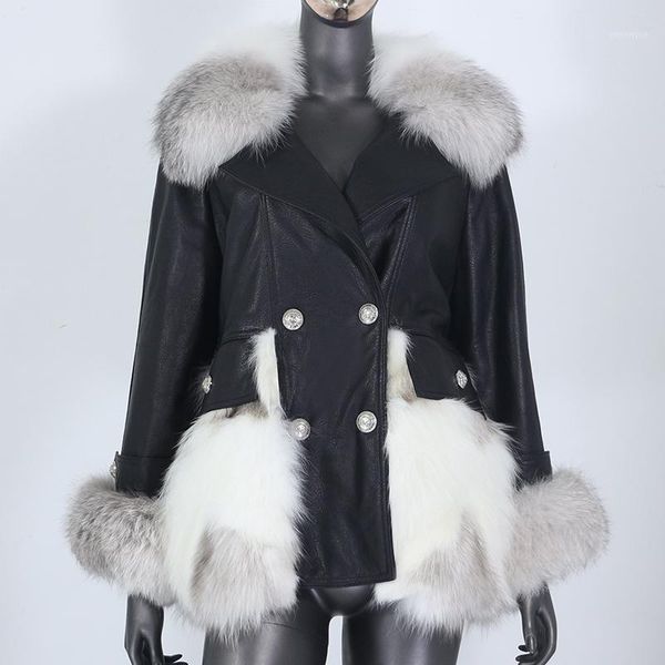 

women's fur & faux cxfs real coat winter jacket women natural collar sheepskin leather thick warm outerwear streetwear fashion, Black