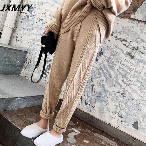 JXMYY Winter Verdicken Frauen Harem Hosen Casual Kordelzug Verdreht Gestrickte Hosen Femme Chic Warme Weibliche Pullover Hosen 211006