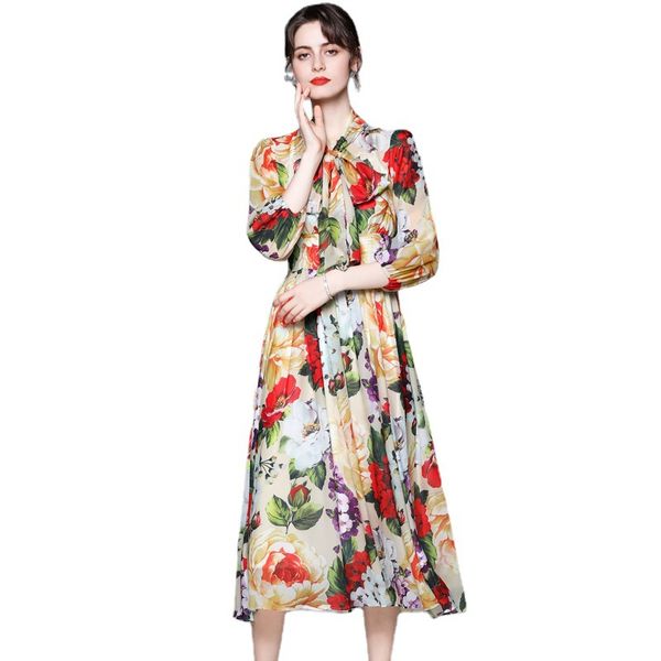 

high-quality dress summer new product women's fashion trend chiffon print tie collar three-quarter sleeve slim mid-length holiday dress, Black;pink