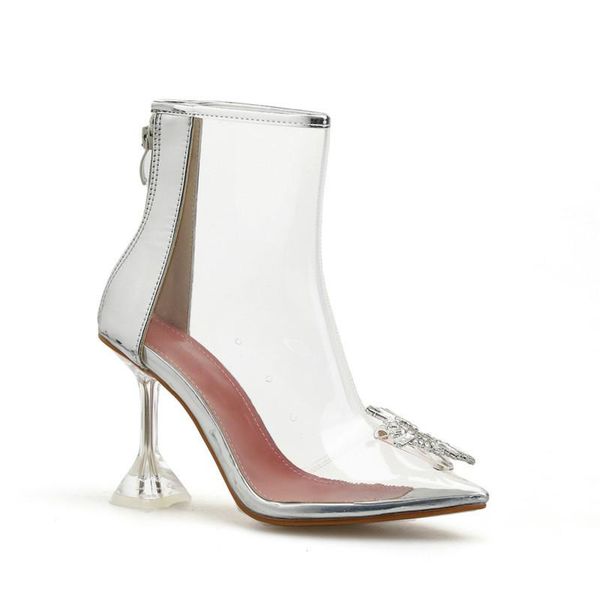 

boots heel high size transparent pointed back zipper, Black