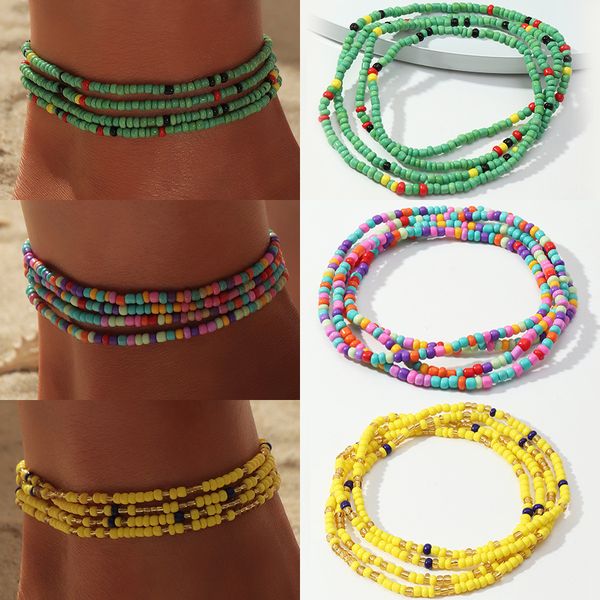 

bohemia handmade beaded anklets for women vintage elasticity adjustable colorful anklets barefoot sandals on foot ankle jewelry, Red;blue