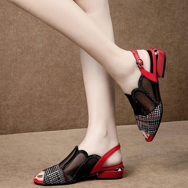 

peep toe sandals low square heel woman mesh shoes casual hollow out buckle strap spring summer big shoe black red