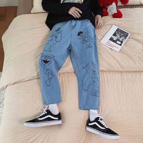

men's jeans fashion 2021 teenagers retro cartoon print pattern bf wind loose wide-leg pants men's straight plus cashmere jeans dad, Blue