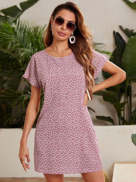 

batwing sleeve ditsy floral dress 21ui#, Black;gray