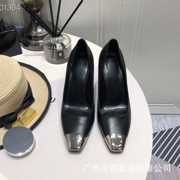 

high heel single shoe women summer and autumn metal square head shallow mouth thin heel single shoe temperament single shoe, Black