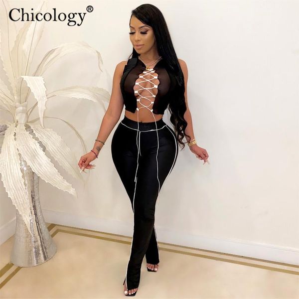 

women's tracksuits chicology lace up crop flare pants two piece matching set women 2021 fashion party clothes winter fall club outf, Gray