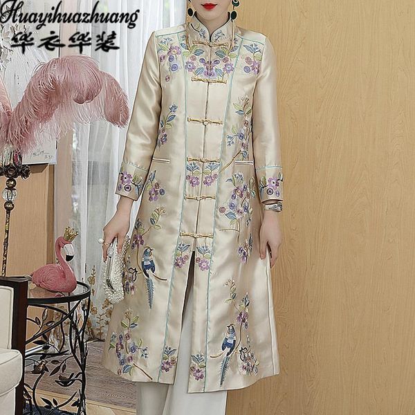 

women's wool & blends windbreaker mid-length chinese style retro ethnic embroidery disc buckle tang suit over the knee slim cheongsam j, Black