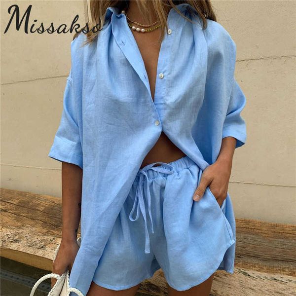 

missakso women two piece set buttons short sleeve shirt loose mini shorts sportswear summer white casual tracksuits 210625