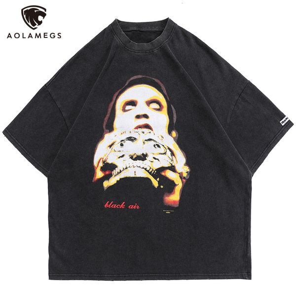 

men's polos aolamegs men's shirts horror skeleton impression large size t-shirt men cozy high street vintage gothic streetwear sum, White;black