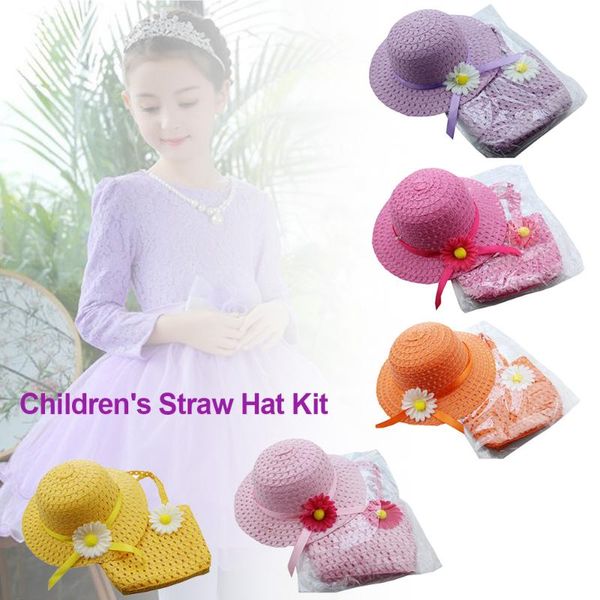 

pool & accessories flower sun straw hat with handbag beach suit kid girl portable summer cap outdoor riding purse sets 2 handles