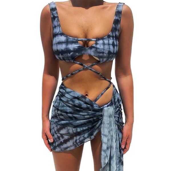 

one-piece suits womens 3pcs tie-dye bikini set scoop neck cutout swimsuit with sarong wrap skirt crisscorss lace-up bathing suit