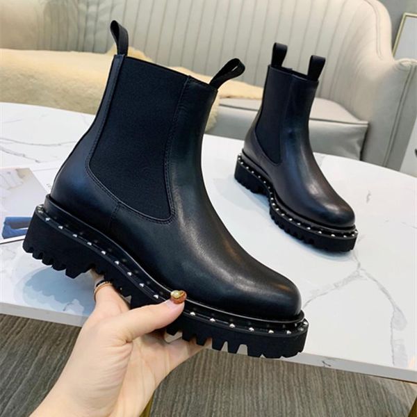 

boots arrival 2021 autumn and winter round toe women genuine leather slip on rivet comfortable short, Black