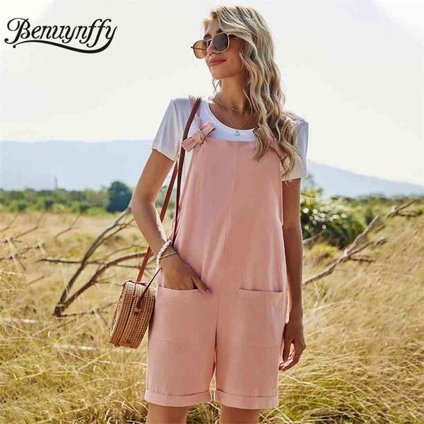 

casual bow strap high waist romper women summer loose pocket short jumpsuit sleeveless ladies solid straight rompers 210510, Black;white