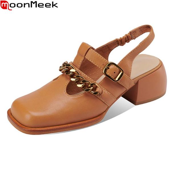 

moonmeek 2021 arrival summer women sandals genuine leather ladies party casual shoes square heels fashion dress, Black
