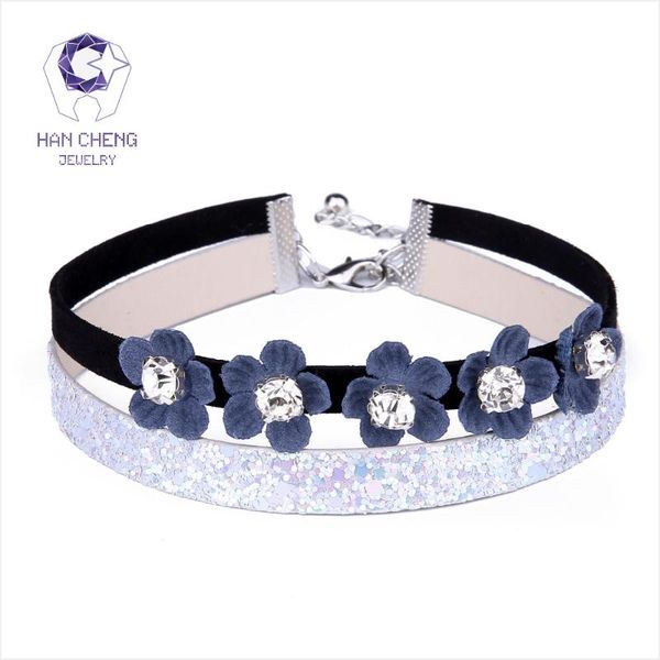 

hancheng fashion double layer velvet belt rhinestone flower choker necklace women necklaces ribbon collar jewelry bijoux chokers, Golden;silver