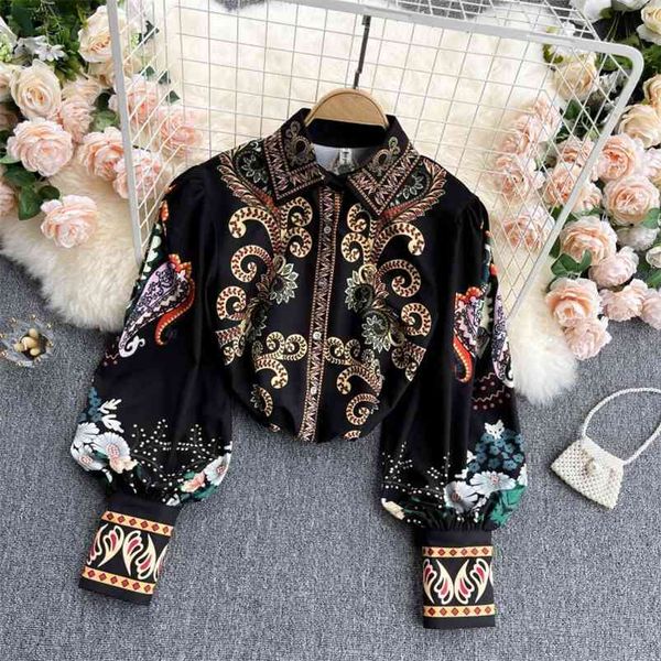 

spring fashion retro blouse female field totem printing lantern sleeve lapel blusa all-match shirt gk330 210507, White