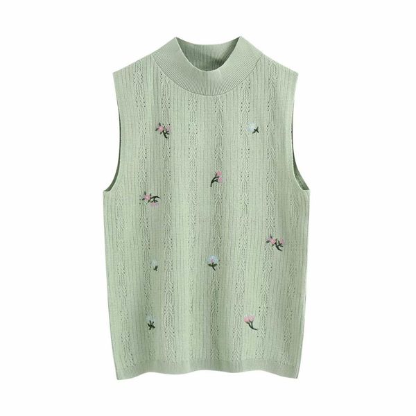 

women green floral embroidery knitted sleeveless o-neck sweater casual loose style female woman clothes 210517, Black;white