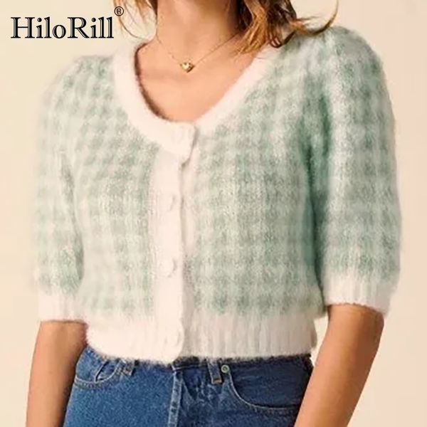 

women fashion patchwork knitted cropped cardigan elegant half sleeve short mohair sweater chic v neck ladies 210508, White