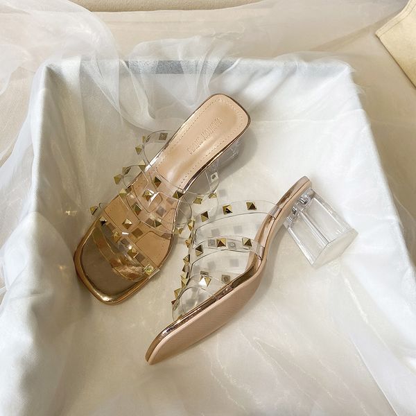 

luxury dress shoes wear sandals outside 2021 summer sho rivet t-shaped transparent slipper's fashion, Black