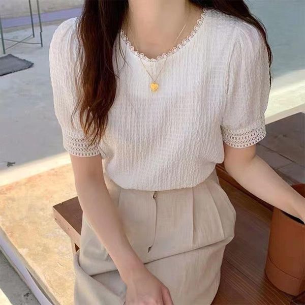 

women's blouses & shirts solid color korean style loose leisure chiffon shirt 2021 spring summer western sweet o-neck puff sleeve women, White