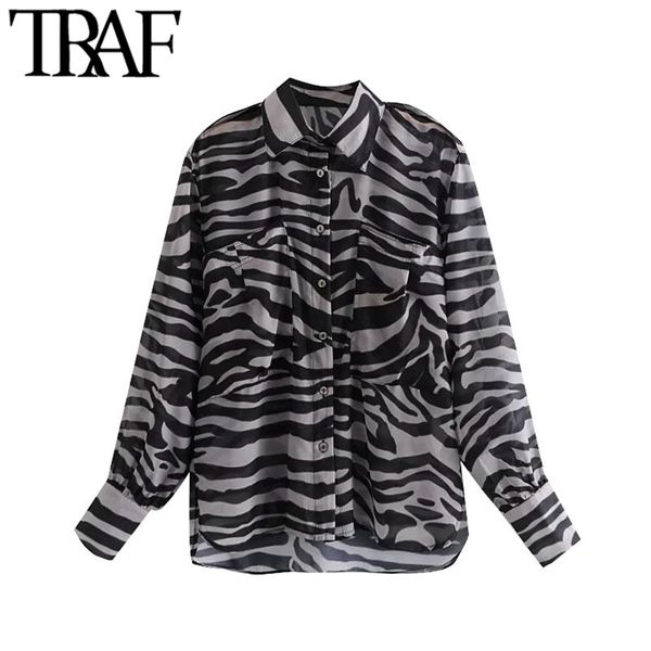 Moda donna semitrasparente stampa zebrata camicette larghe tasche a maniche lunghe vintage camicie femminili Blusas Chic top 210507