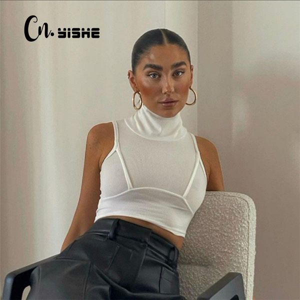 

cnyishe fashion summer turtleneck crop women t-shirts tees sleeveless casual short skinny knitted ribbed t shirts 210419, White
