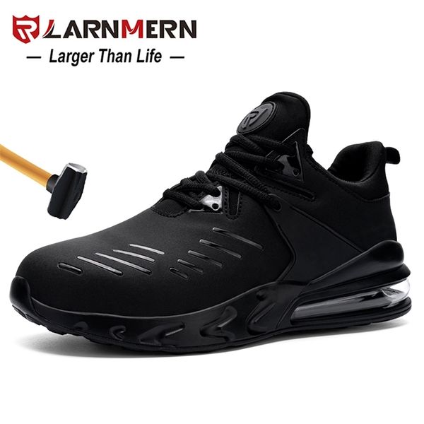 

larnmern men's steel toe work safety shoes air-cushion anti-smashing water-proof non-slip shock-proof construction sneaker 211022, Black