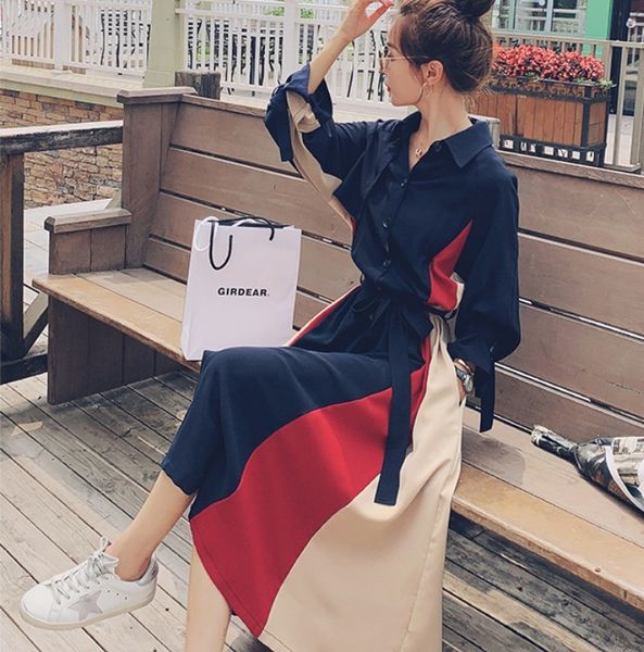 

women vintage spring autumn elegant turn down collar full sleeve ladies casual sashes hit color long shirt dress vestidos 210518, Black;gray