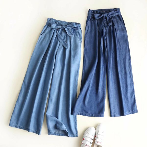 

jeans tjjnz7954-5-18 women's tencel jeans lace up wide leg pants, Blue