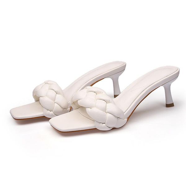

sandals comemore 2021 woven high heel women slides square toe fashion blue cute heels slippers shoes for, Black