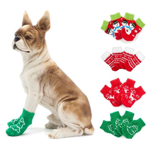 

dog apparel 4pcs/lot shoes lovely warm socks anti-slip puppy cat knit cute cartoon print cats dogs boots winter wear 1
