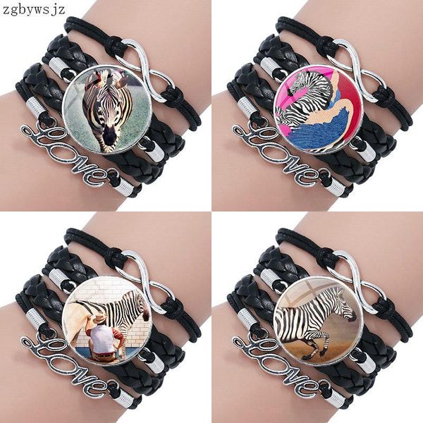 

charm bracelets zebra and flapper brand glass cabochon multilayer black leather bracelet bangle jewelry gift for women men, Golden;silver