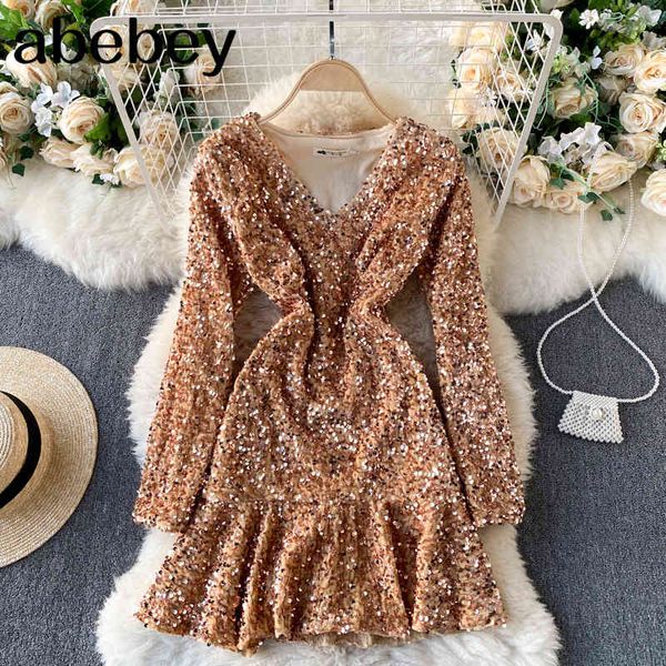 

women shiny sequins dress korean fashion v neck long sleeve a-line es autumn chic ruffles party short 210512, Black;gray
