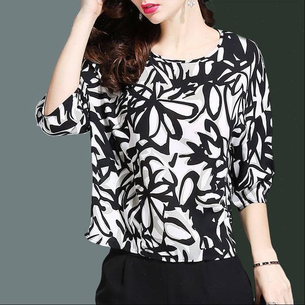 

spring summer style chiffon women shirt casual half sleeve o neck printed blusas df3783, White