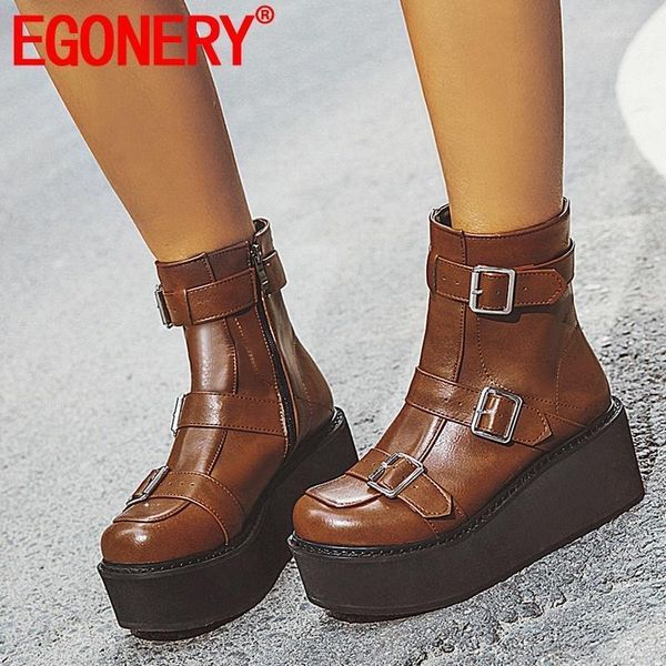 

boots egonery ankle winter warm fashion round toe buckle woman shoes outside high heels platform zip drop1, Black