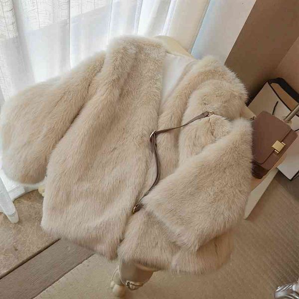 

blends winter thick warm celebrity elegant fake fox v-neck beige coats women  loose faux fur jackets a259, Black