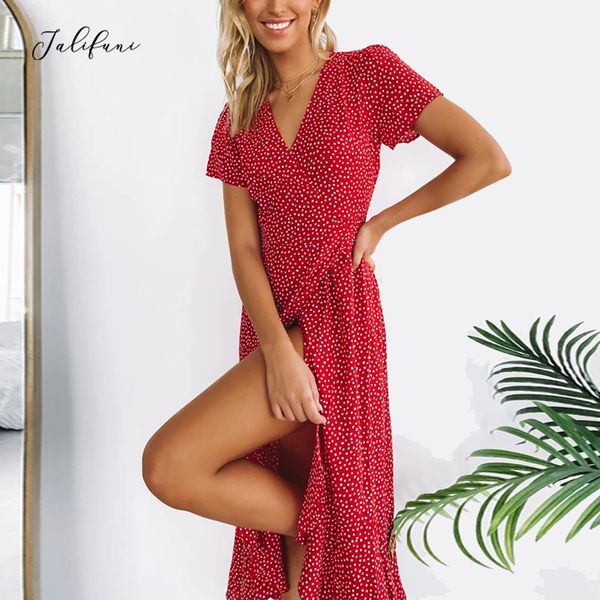 

summer women ruffles split maxi dress women's bohemian dot print casual sundress new v neck short sleeve beach dresses 210415, Black;gray