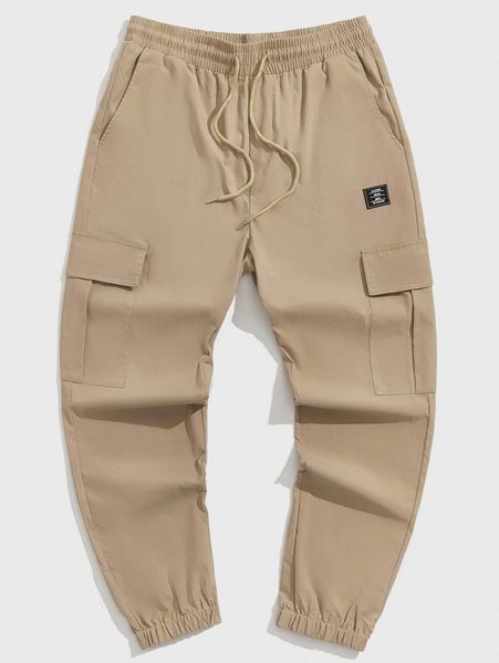

men letter patch drawstring waist cargo pants w27k#, Black